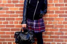 With leather sleeve jacket, ankle boots and black bag