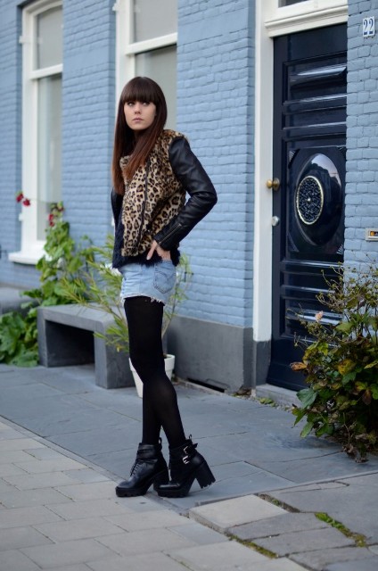 With leopard printed jacket and black ankle boots