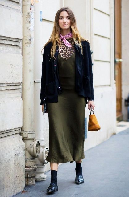 With leopard shirt, olive green midi dress, navy blue velvet jacket, flats and small bag