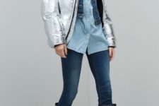 With light blue shirt, denim jacket, jeans and black high boots