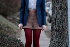 With light blue shirt, navy blue blazer, marsala tights and suede boots