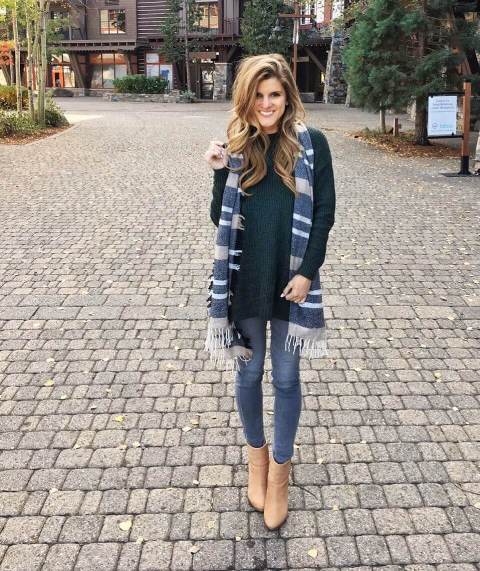 With long sweater, skinny jeans and beige ankle boots
