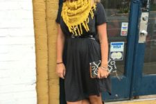 With mini dress, printed clutch and gray suede ankle boots