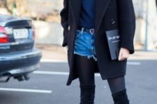With navy blue sweater, coat and suede over the knee boots