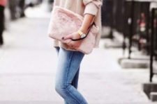 With oversized turtleneck sweater, crop jeans and flats