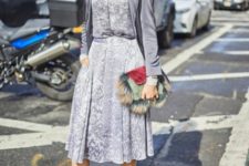 With pastel colored midi dress, blazer and gray boots