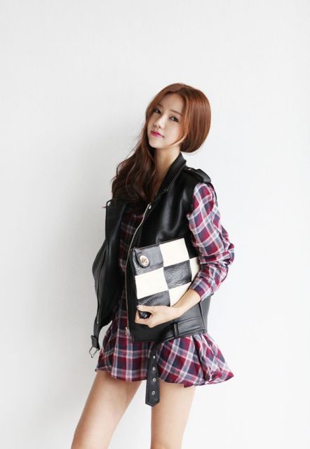 With plaid dress and printed clutch