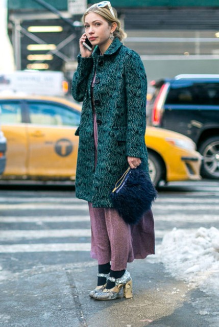 With printed coat, maxi dress and high heels