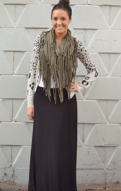 With printed shirt and maxi skirt