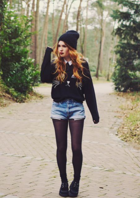 With printed sweater, beanie and platform boots