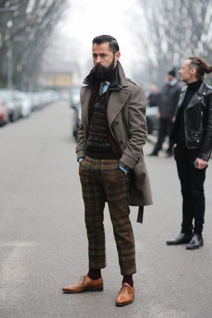 With printed vest, gray coat and brown shoes
