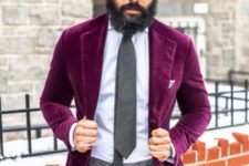 With purple suede blazer, brown hat, white shirt and gray tie