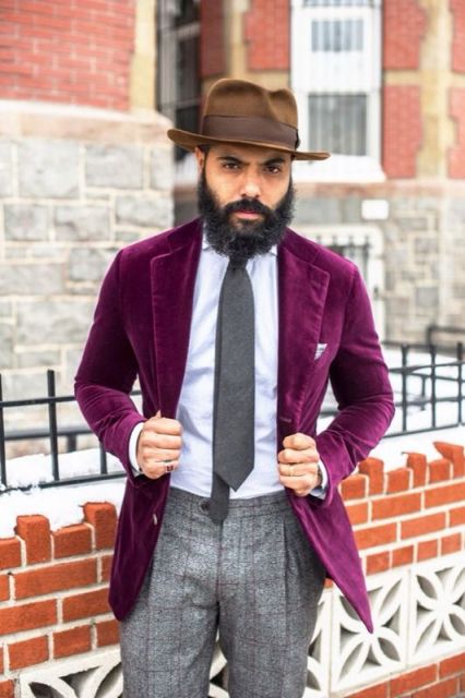 With purple suede blazer, brown hat, white shirt and gray tie