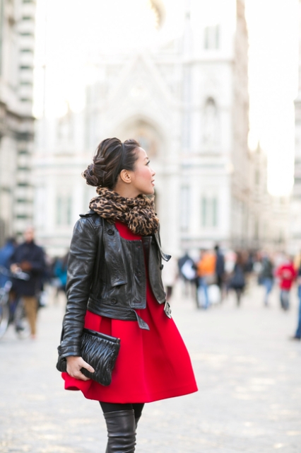 With red dress, over the knee boots and black leather jacket