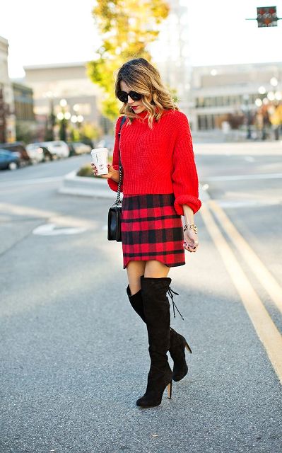 With red sweater, over the knee boots and chain strap bag