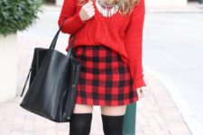 With red sweater, shoes and tote