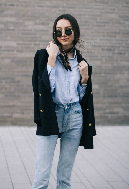 With shirt, navy blue blazer and high waisted jeans