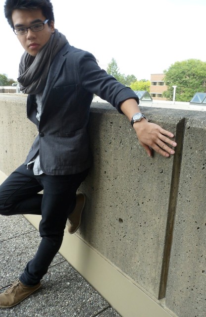 With shirt, pants, suede shoes and blazer