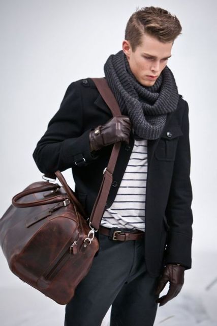 With striped shirt, jacket, brown big bag and trousers