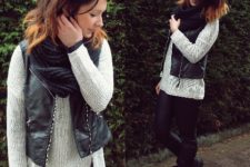 With sweater, leather pants and ankle boots