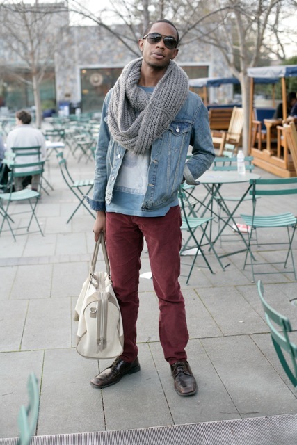 With t-shirt, marsala pants, denim jacket, brown shoes and white bag