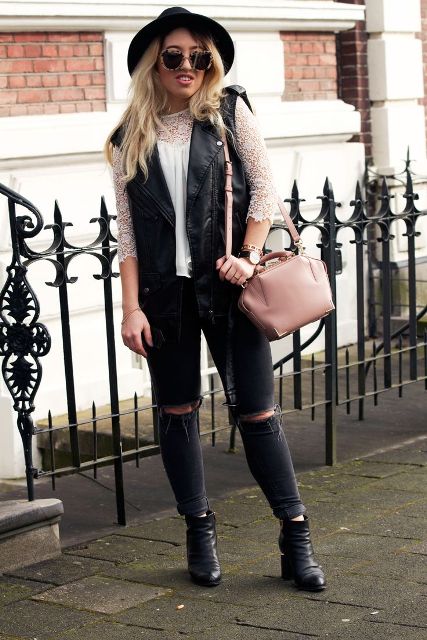 With white blouse, wide brim hat, distressed jeans, ankle boots and pale pink bag