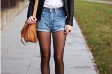 With white t-shirt, leather jacket, polka dot tights, ankle boots and brown bag