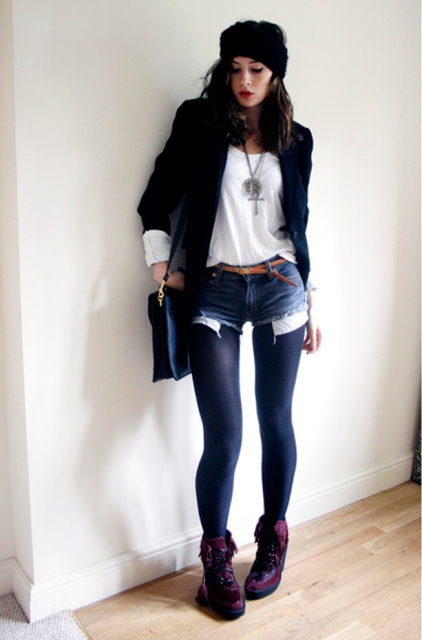 With white t-shirt, navy blue jacket, navy blue tights and purple boots