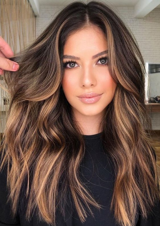 long and volumetric dark brunette hair with golden blonde balayage looks gorgeous and absolutely chic
