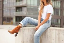 02 a white tee, distressed cuffed jeans and amber suede booties for a relaxed look