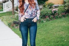 04 a floral short, navy high waisted skinnies and mauve peep toe booties with lacing