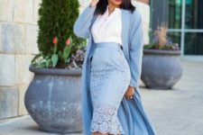 05 a powder blue pencil lace skirt, a white shirt, a long blue cardigan and nude heels can be worn to work