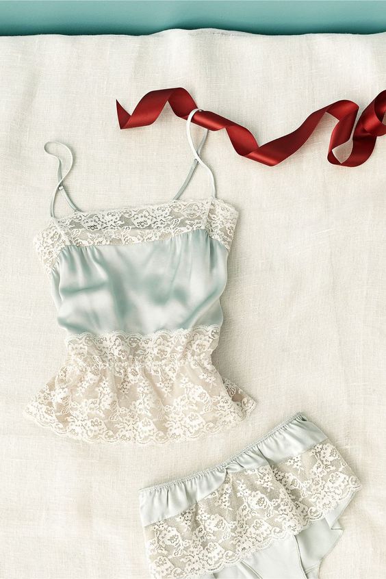 powder blue lingerie in vintage style with white lace and with spaghetti straps