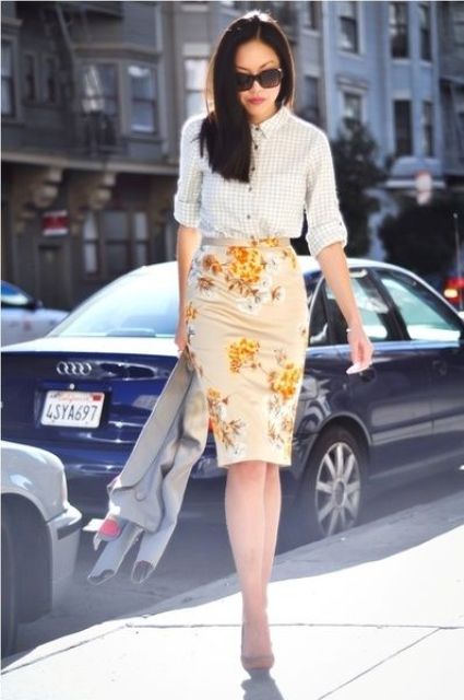 a floral pencil knee skirt, a gingham shirt, tan heels and a cropped grey jacket
