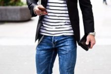08 ripped jeans, a striped t-shirt, a black jacket and white sneakers