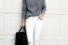 08 ripped white denim, a grey long sleeve, white sneakers and a black bag for a simple look