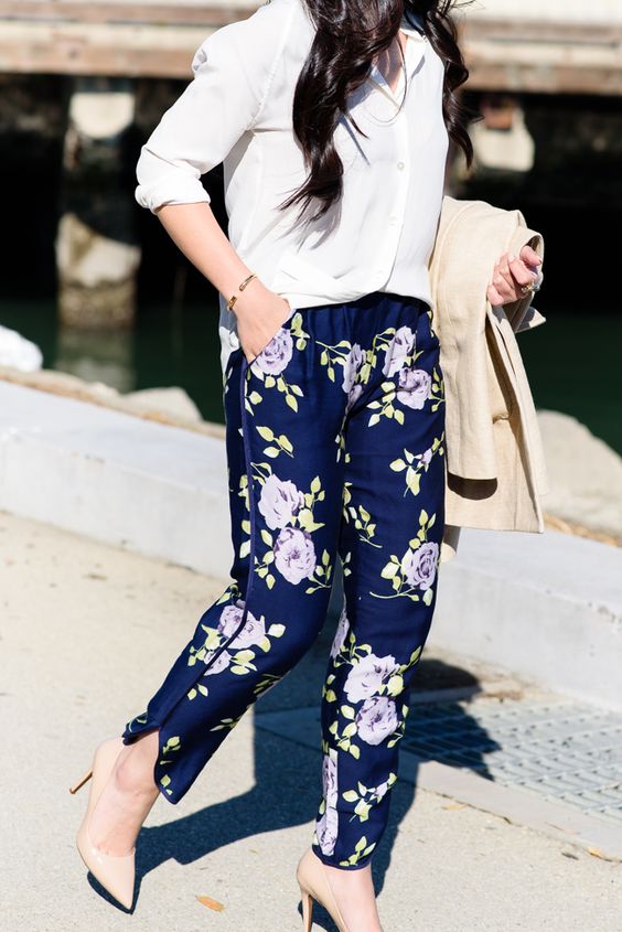 navy floral print pants, a white shirt and nude heels plus a neutral trench for spring