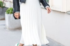 13 a white pleated skirt, a grey tee, a black leather jacket, white sneakers for a casual look