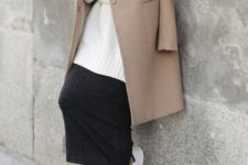14 a black midi skirt, a white sweater, a camel coat and white sneakers