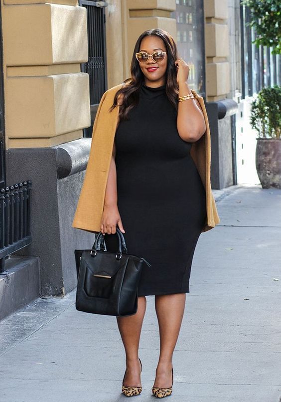 a chic black midi dress with no sleeves, a tan coverup, leopard printed shoes