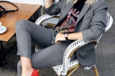 15 calm down a chic grey pantsuit with a rock-printed t-shirt