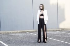 With black crop top, white long blazer and black sandals