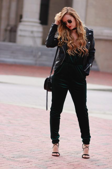 With black jacket, small bag and black sandals