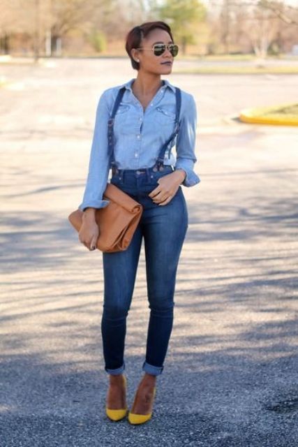With denim shirt, brown clutch and yellow pumps