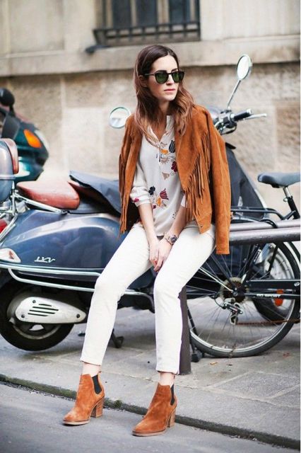 With floral blouse, white jeans and suede ankle boots
