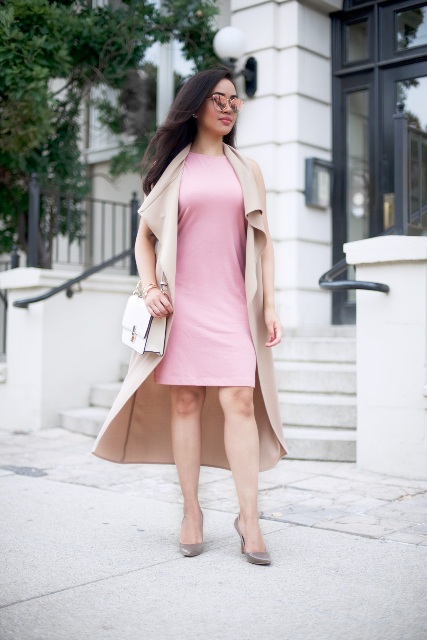 With pink dress, pastel colored pumps and white bag