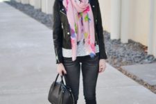 With polka dot shirt, crop jeans, pumps, leather jacket and leather bag