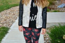 With printed shirt, jacket and ankle boots