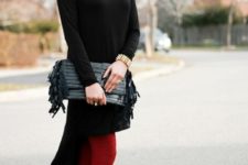 With red tights, fringe clutch and ankle boots