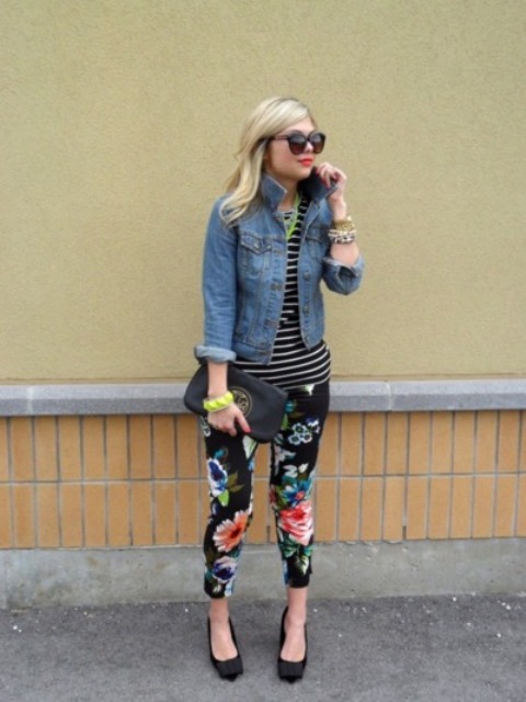 With striped shirt, denim jacket, black pumps and clutch